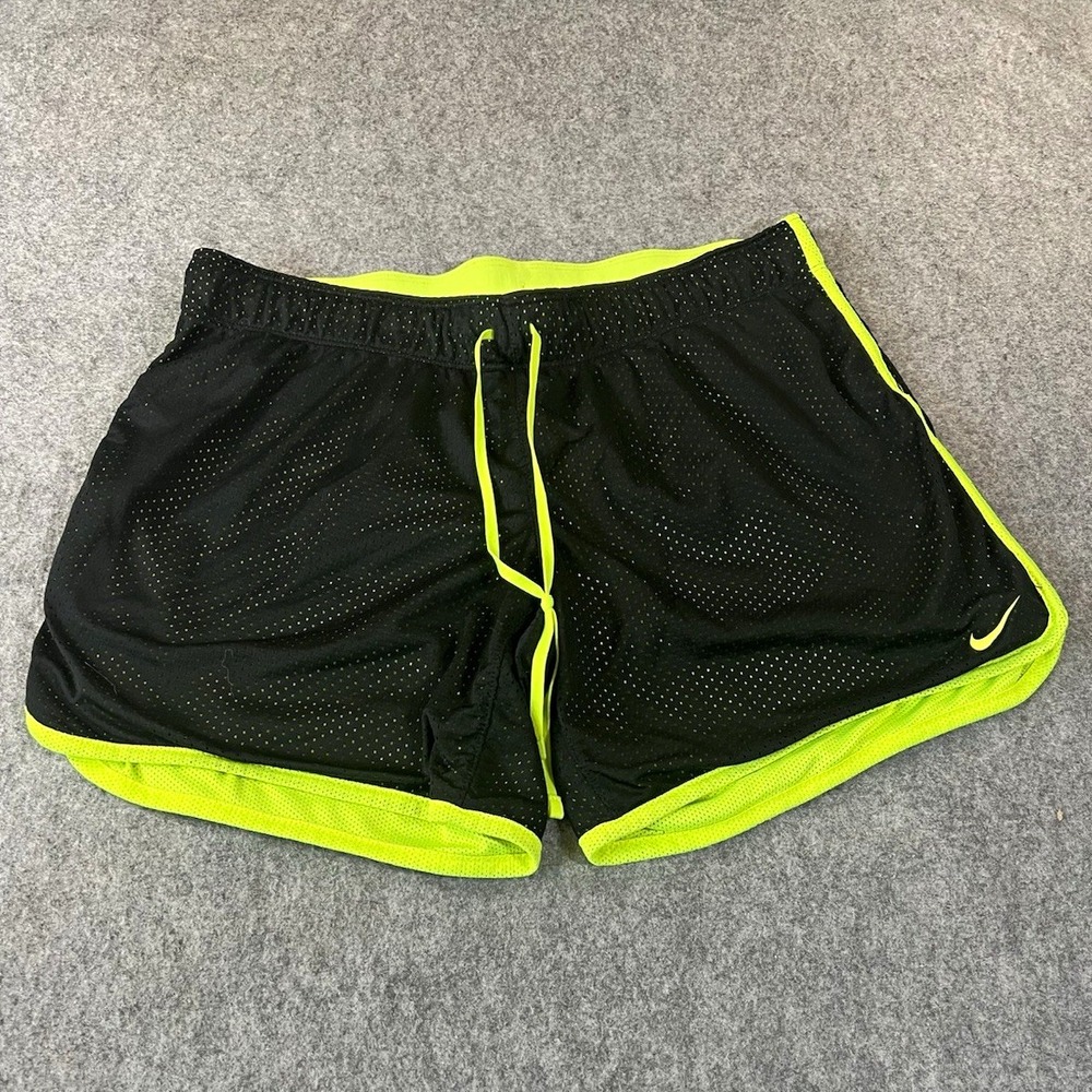 Nike Dri-FIT Womens Mesh Running Shorts Black Neon Green M Breathable Drawstring